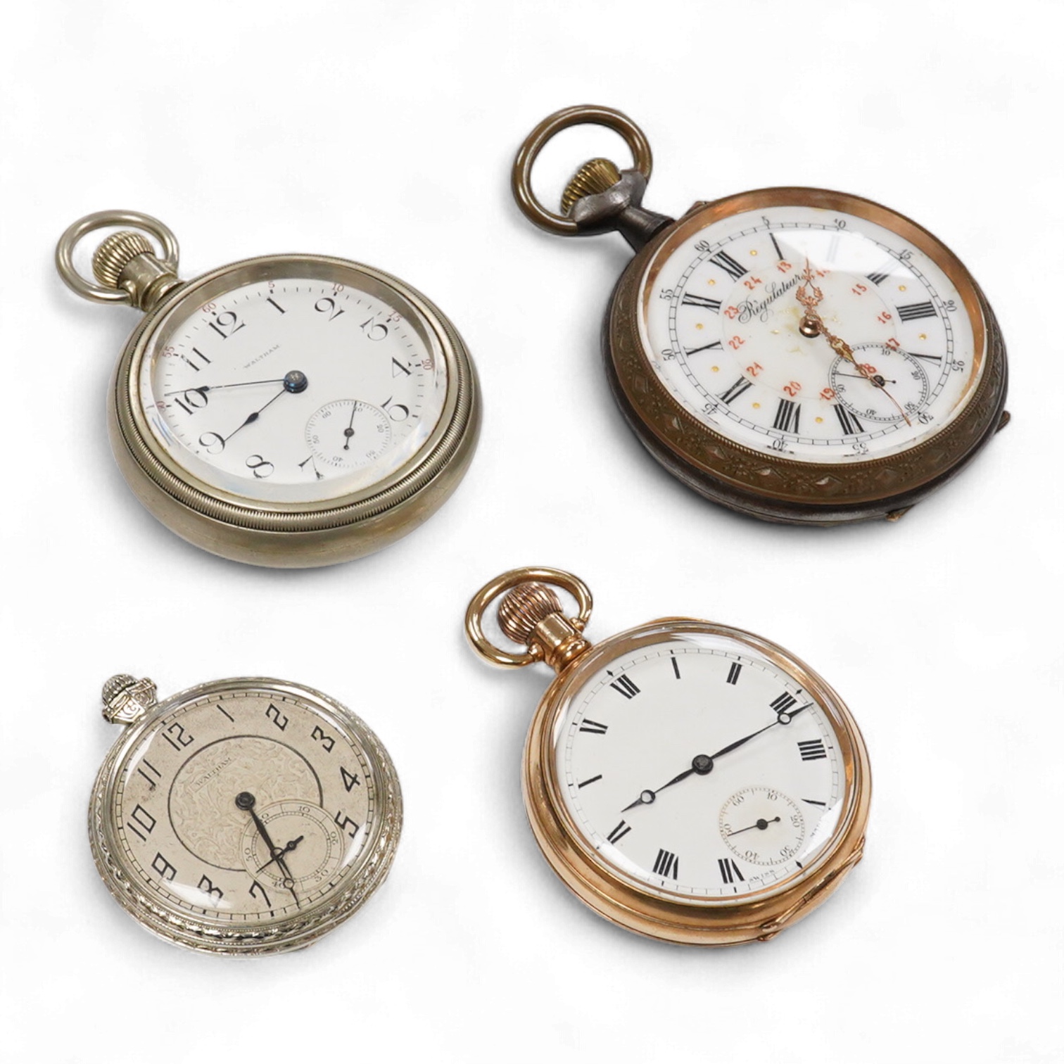 Two Waltham base metal keyless pocket watches including a dress pocket watch with Arabic dial and subsidiary seconds, together with a gold plated open faced keyless pocket watch and a base and gun metal 'Regulateur' open